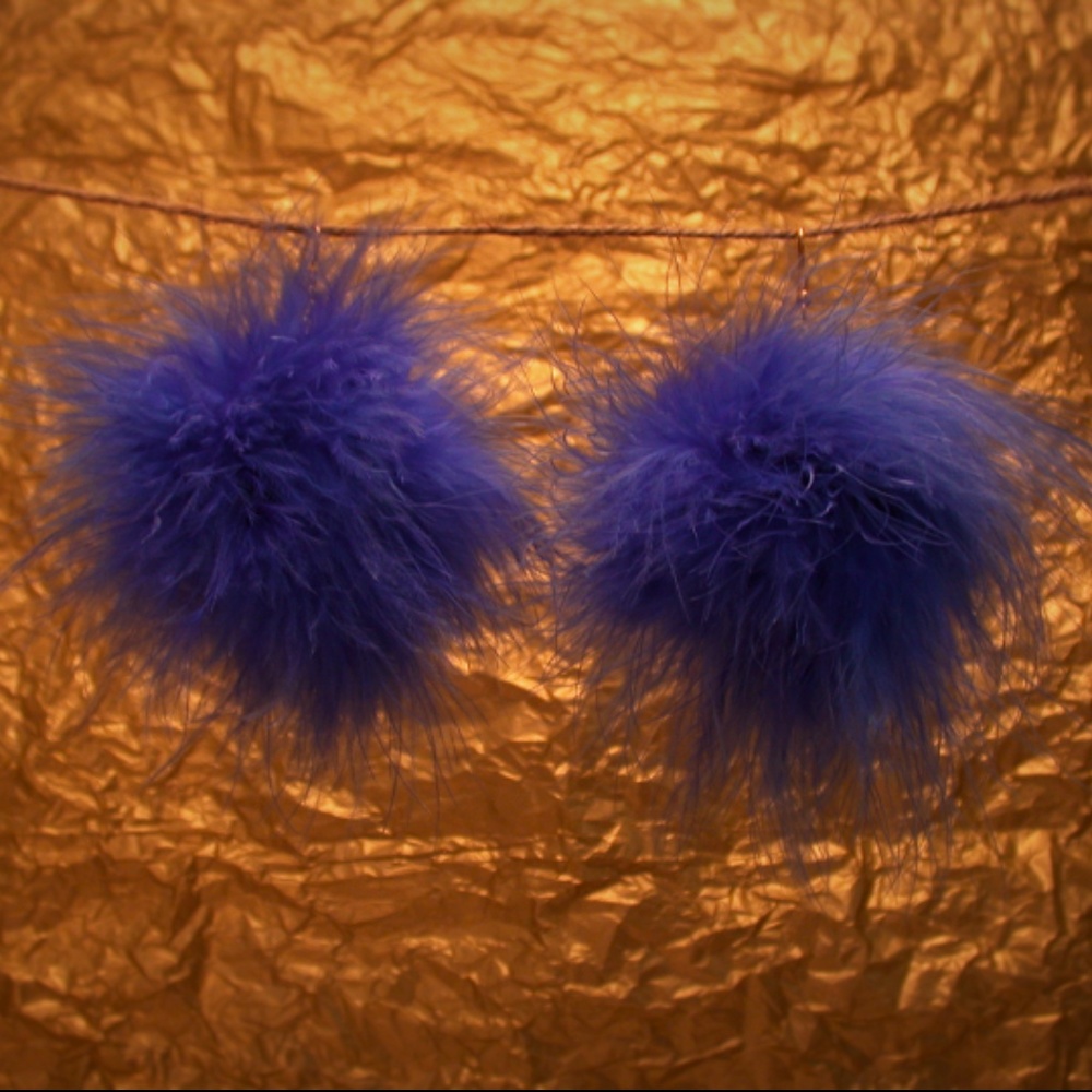 Blue Feather Pom Earrings